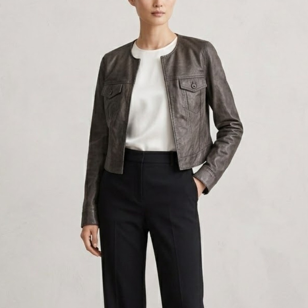 NWT Theory Lamb Leather Jacket Hallan Black Cropped Moto Jacket Size 10